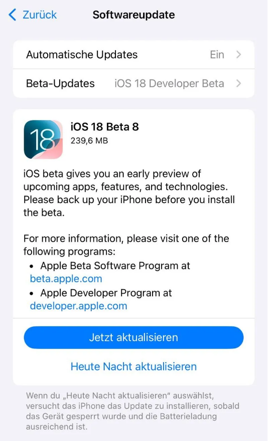 中和镇苹果手机维修分享苹果 iOS / iPadOS 18 开发者预览版 Beta 8 发布 